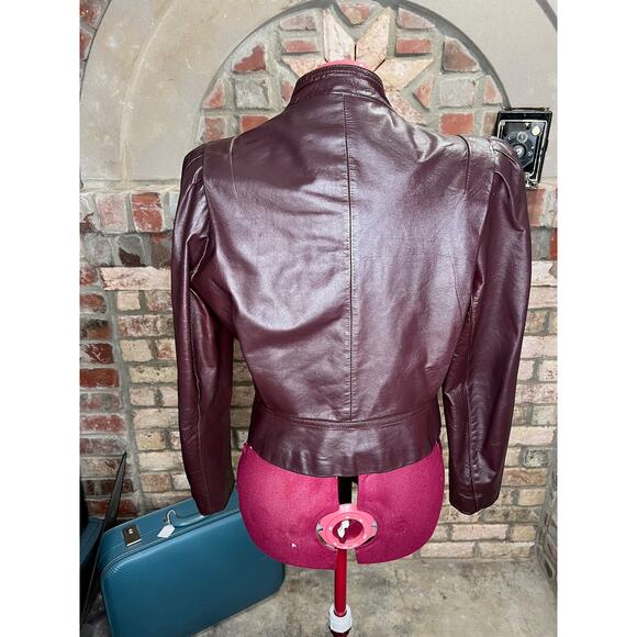 leather Jacket OXBLOOD red burgundy wine cropped puff sleeves - Picture 5 of 16
